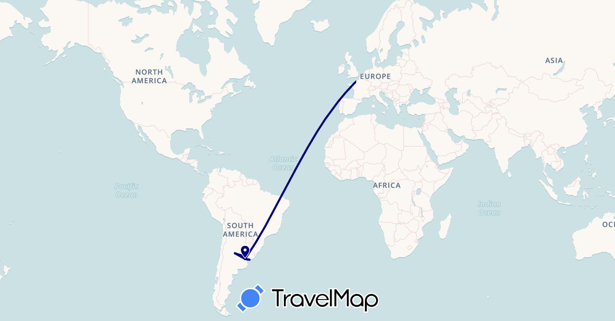 TravelMap itinerary: driving in Argentina, Denmark, Uruguay (Europe, South America)