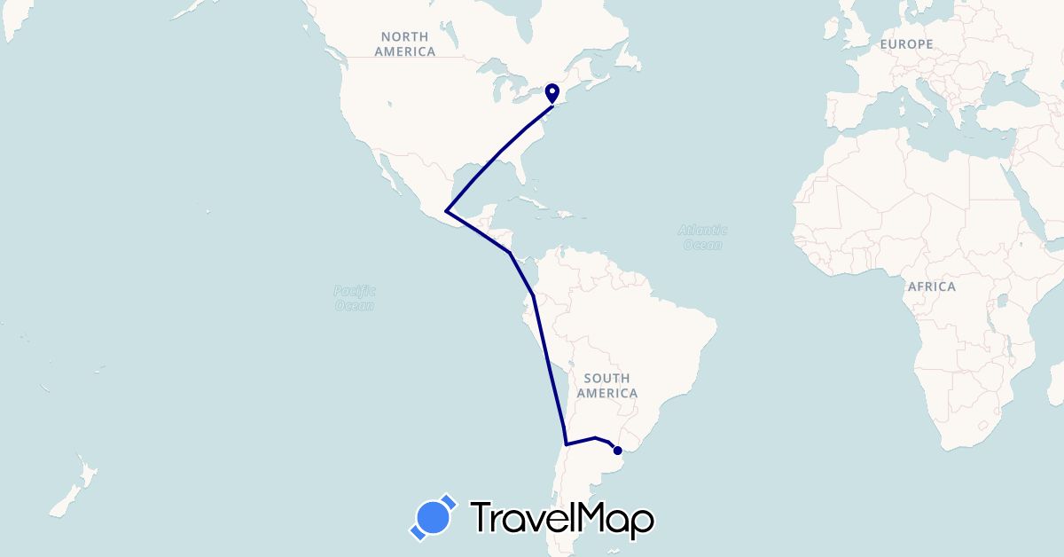 TravelMap itinerary: driving in Argentina, Chile, Costa Rica, Ecuador, Mexico, United States (North America, South America)